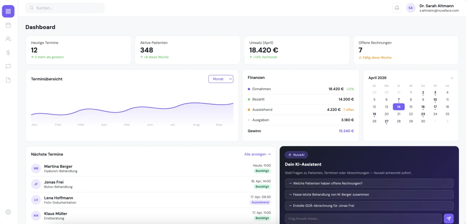 NuvaFace Practice: Dashboard mit Kalender, Umsätzen und NUVA-Assistent (Demo-Daten)